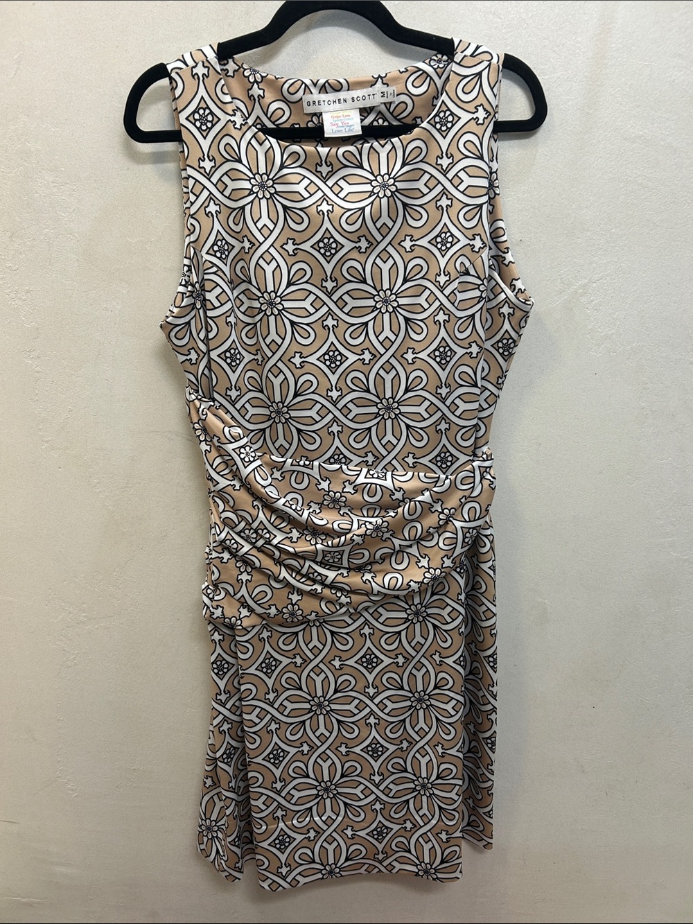 Gretchen Scott Designs Beige and White Sleeveless Printed Sheath Dress